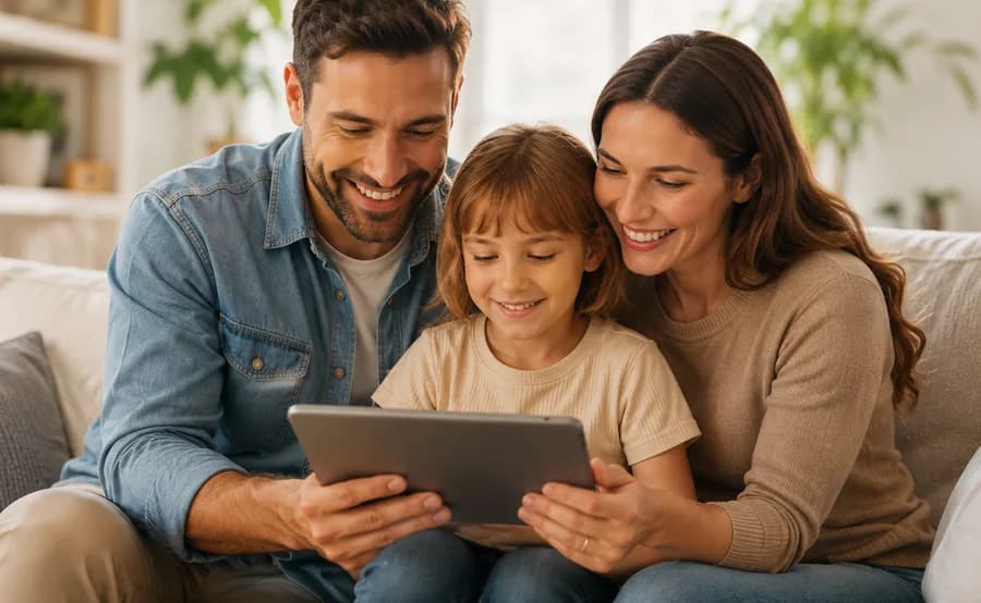 Familie plant Freizeit am Tablet